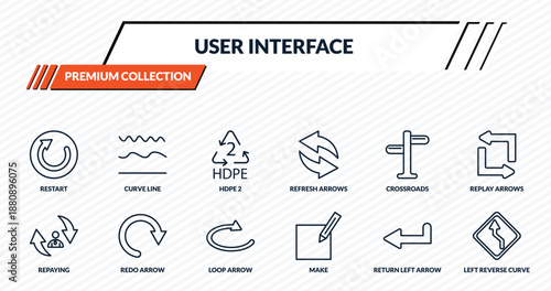 user interface icons set - restart, curve line, hdpe 2, redo arrow, left reverse curve outline vector collection.