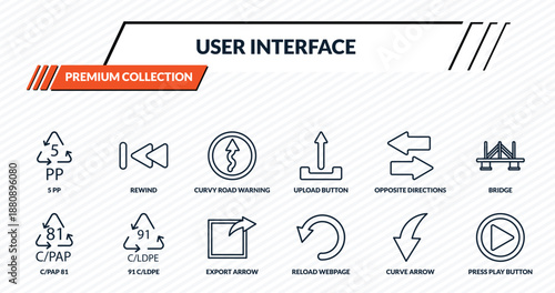 user interface icons set - 5 pp, rewind, curvy road warning, 91 c/ldpe, press play button outline vector collection.