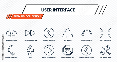 user interface icons set - cloud upload, forward button, double arrows, 6 ps, mechanic tool outline vector collection.