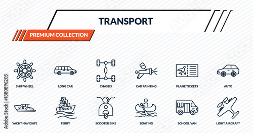 transport icons set - ship wheel, long car, chassis, ferry, light aircraft outline vector collection.
