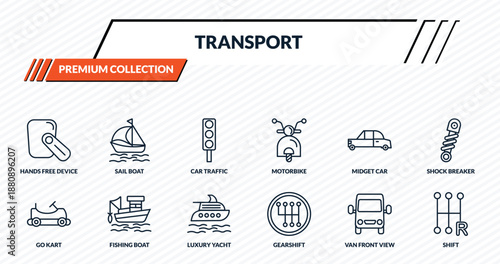 transport icons set - hands free device, sail boat, car traffic, fishing boat, shift outline vector collection.