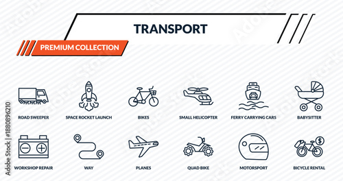 transport icons set - road sweeper, space rocket launch, bikes, way, bicycle rental outline vector collection.