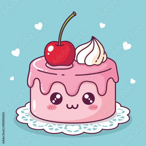 A cartoon cake with cherry and whipped cream on top, surrounded by hearts and a gentle, soft focus view