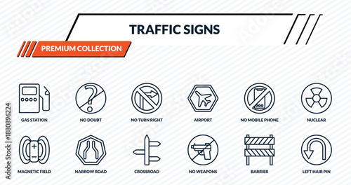 traffic signs icons set - gas station, no doubt, no turn right, narrow road, left hair pin outline vector collection.