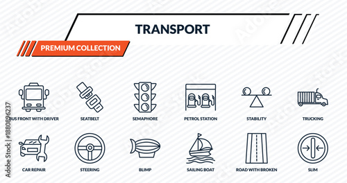 transport icons set - bus front with driver, seatbelt, semaphore, steering, slim outline vector collection.