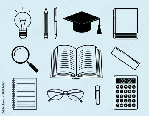 教育と学習のアイコンセット。本やペン、電卓、アイデアの電球などの文房具と学校用品のイラスト素材