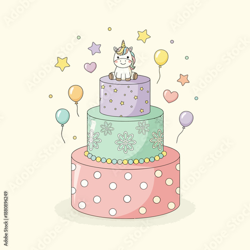 A whimsical three-tiered birthday cake with a unicorn on top, surrounded by colorful balloons and stars, in a celebratory atmosphere.