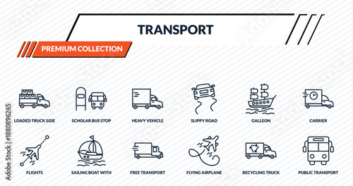 transport icons set - loaded truck side view, scholar bus stop, heavy vehicle, sailing boat with veils, public transport outline vector collection.
