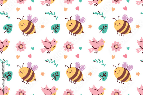 Nature inspired endless background featuring garden insects and blooming vines. 