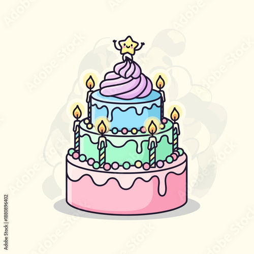 Celebratory three-tiered birthday cake with lit candles and star decoration viewed from the front in a minimalist environment
