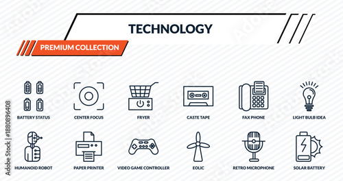 technology icons set - battery status, center focus, fryer, paper printer, solar battery outline vector collection.