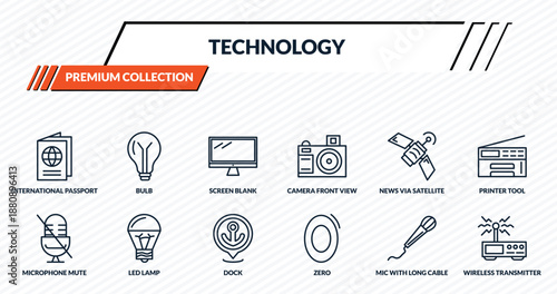 technology icons set - international passport, bulb, screen blank, led lamp, wireless transmitter outline vector collection.