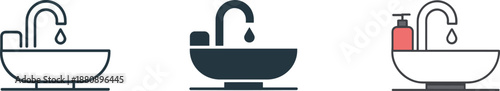 Three sink icons with running water and soap dispenser variations Keywords: sink, faucet, water, soap dispenser, hygiene
