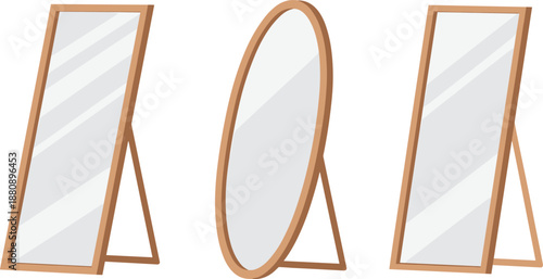 Three standing floor mirrors with wooden frames in different shapes and sizes Keywords: mirror, floor, standing, oval