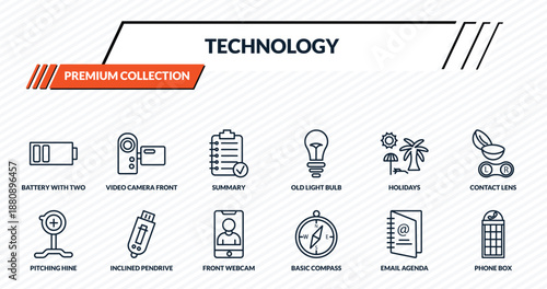 technology icons set - battery with two bars, video camera front view, summary, inclined pendrive, phone box outline vector collection.