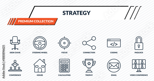 strategy icons set - desk chair, steering wheel, focus, house, video conference outline vector collection.