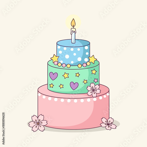 Three tiered birthday cake with hearts, stars, and flowers illustration