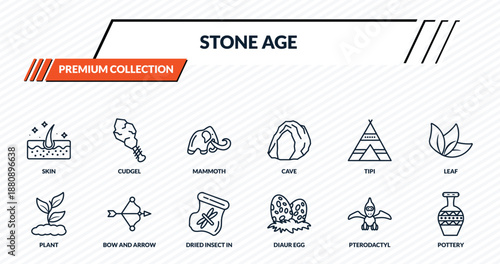 stone age icons set - skin, cudgel, mammoth, bow and arrow, pottery outline vector collection.