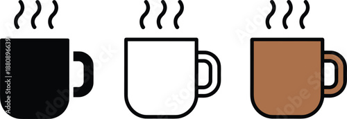 Three Stylized Coffee Mugs with Steam in Black White and Brown Colors drink