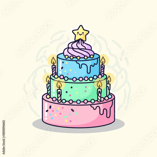 Celebratory three-tier cake with candles and star decoration on pastel background viewed from the front
