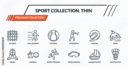 sport collection. thin icons set - go game, trail running, softball, kickball, shuttlecock outline vector collection.