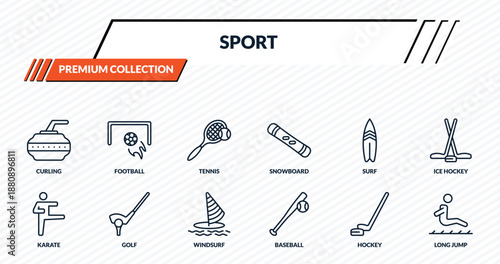 sport icons set - curling, football, tennis, golf, long jump outline vector collection.