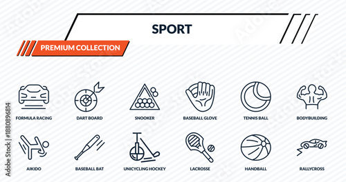 sport icons set - formula racing, dart board, snooker, baseball bat, rallycross outline vector collection.