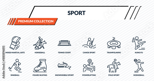 sport icons set - mixed martial arts, horseball, tennis court, figure skating, dodgeball outline vector collection.