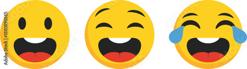 Three yellow emoji faces showing different expressions of laughter Keywords: emoji, face, yellow, laughter, laughing, happy, joy