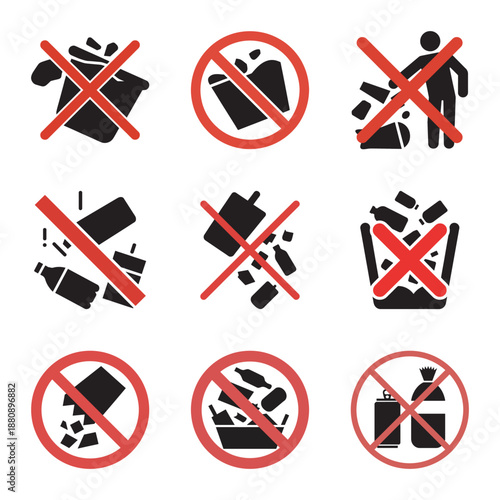 A collection of prohibited signs for proper waste disposal and environmental protection
