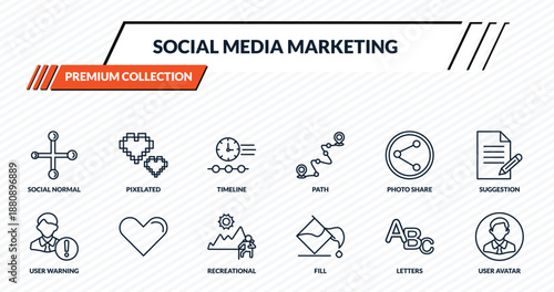 social media marketing icons set - social normal, pixelated, timeline, , user avatar outline vector collection.