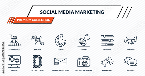social media marketing icons set - conference, rocker, color, letter color, message outline vector collection.