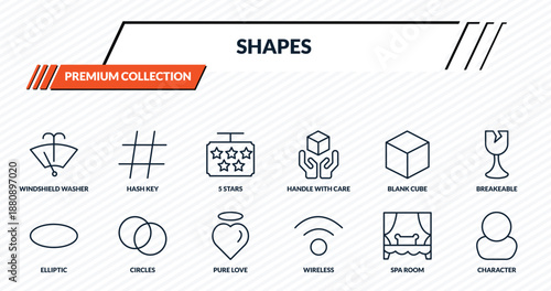 shapes icons set - windshield washer, hash key, 5 stars, circles, character outline vector collection.