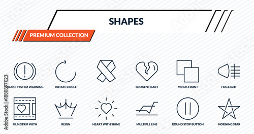 shapes icons set - brake system warning, rotate circle, , reign, morning star outline vector collection.