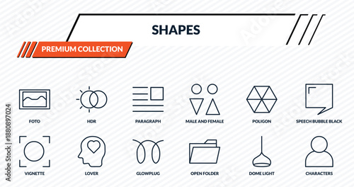 shapes icons set - foto, hdr, paragraph, lover, characters outline vector collection.