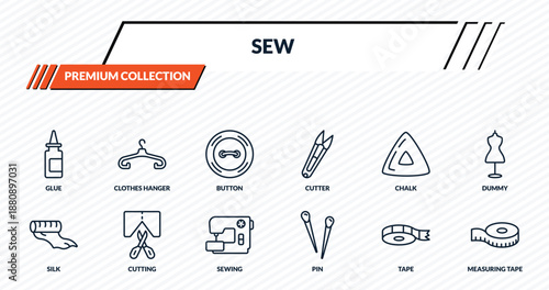 sew icons set - glue, clothes hanger, button, cutting, measuring tape outline vector collection.