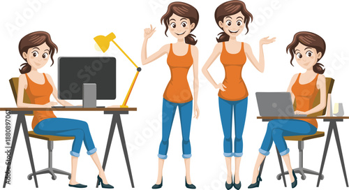 Woman in orange tank top and blue jeans in four different poses at a desk and standing Keywords: woman, girl, female, person
