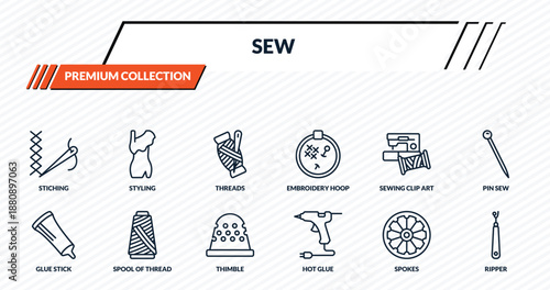 sew icons set - stiching, styling, threads, spool of thread, ripper outline vector collection.