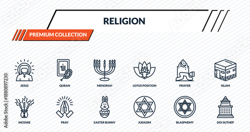 religion icons set - jesus, quran, menorah, pray, doi suthep outline vector collection.