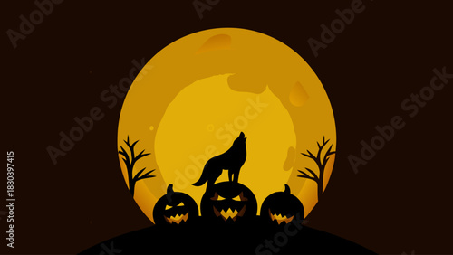 Spooky Halloween night with wolf howling at full moon and jack-o-lanterns
