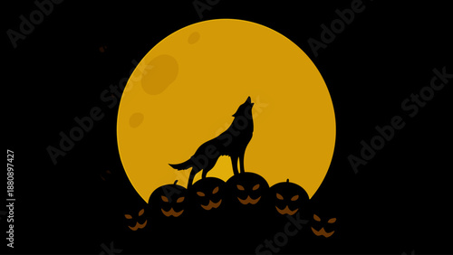 Howling wolf silhouette under full moon with jack-o-lanterns