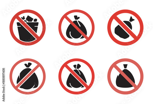 Prohibition signs against improper waste disposal featuring garbage cans and bags