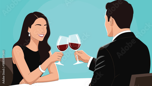 Stylized couple toasting with red wine at dinner table, ideal for romance, celebration, lifestyle, and special occasion illustration themes.