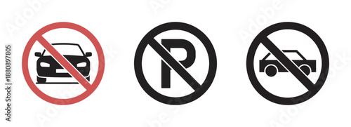 Three distinct vector illustrations of traffic signs indicating vehicle prohibition and no parking zones