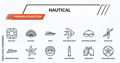 nautical icons set - big float, big shell, yatch, starfish, star inside circle outline vector collection.