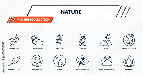 nature icons set - larch leaf, sunny protic, pine leaf, orbicular, farming outline vector collection.