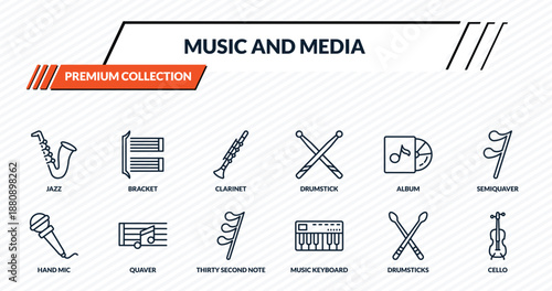 music and media icons set - jazz, bracket, clarinet, quaver, cello outline vector collection.