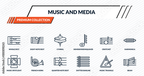 music and media icons set - whole rest, eight note rest, cymbal, french horn, beam outline vector collection.