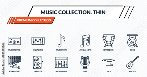 music collection. thin icons set - music player, equalizer, music note, speaker, guitar outline vector collection.