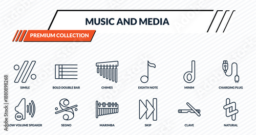 music and media icons set - simile, bold double bar line, chimes, segno, natural outline vector collection.